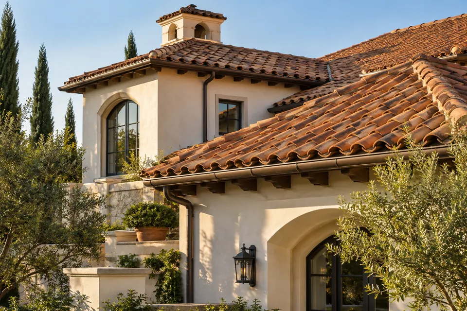 Terracotta tile roof on a sunlit home